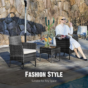 Sweetcripy Patio Furniture Set 3 Pieces, Outdoor Furniture with Soft Cushion and Glass Table, All Weather Manual Weaving Wicker Rattan Patio Chairs for Garden, Terrace, Porch(Black and Beige) - Wigtrends