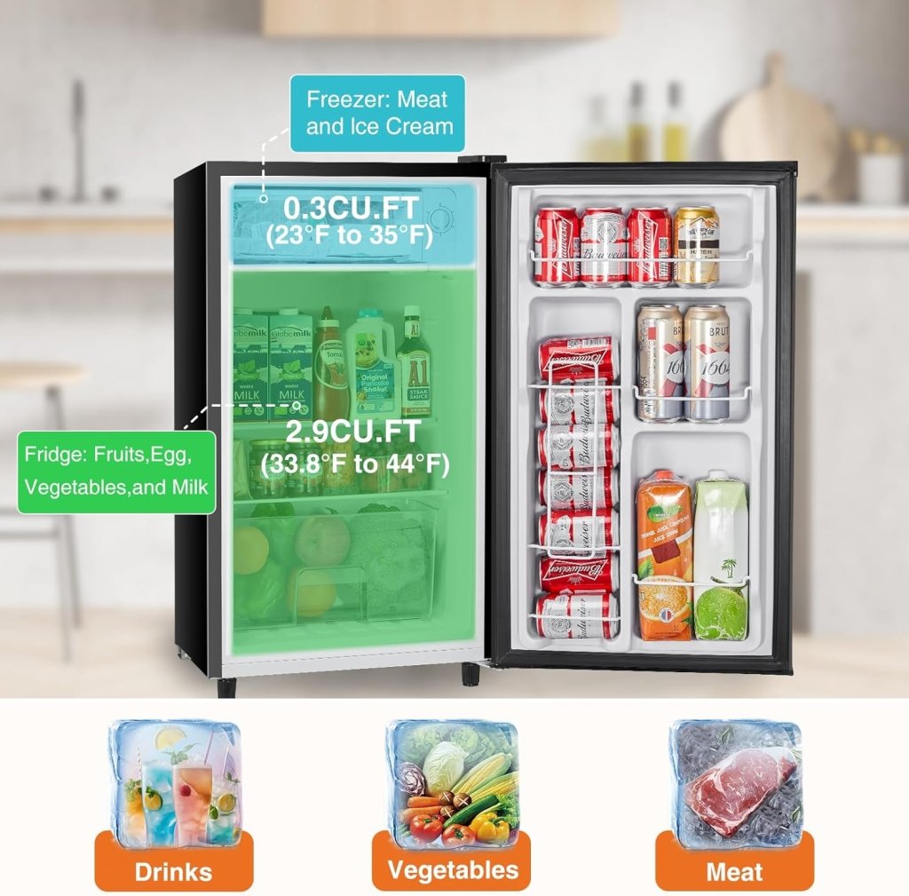 Sweetcrispy 3.2 Cu.Ft Mini Fridge with Freezer Small Refrigerator Single Door Adjustable Thermostat Energy - efficient Low Noise, Compact Fridge for Bedroom, Office, Dorm (Black) - Wigtrends