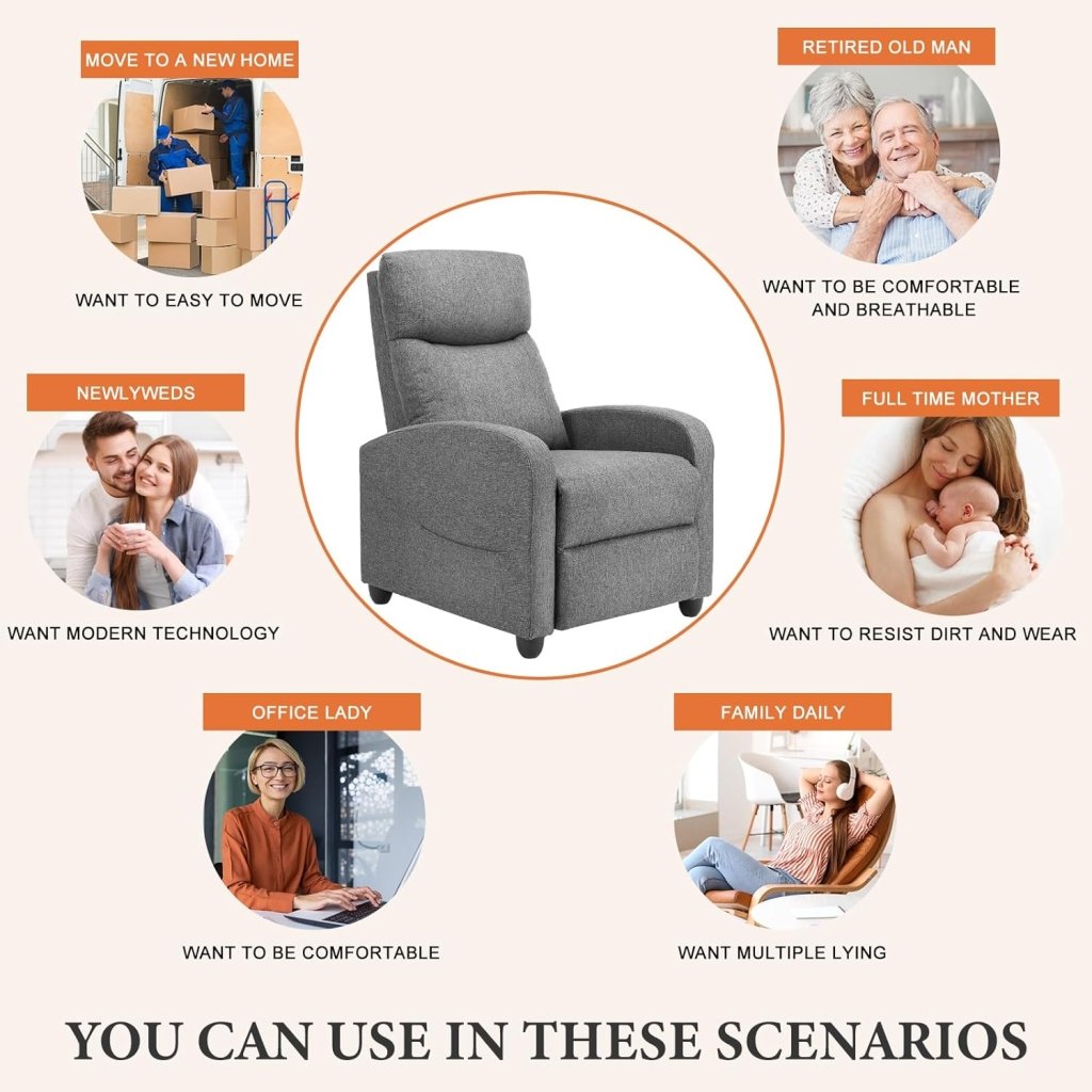 Sweetcrispy Massage Recliner Chair for Adults, Adjustable Home Theater Seating with Lumbar Support for Living Room, Modern Fabric Reclining, Light Grey - Wigtrends