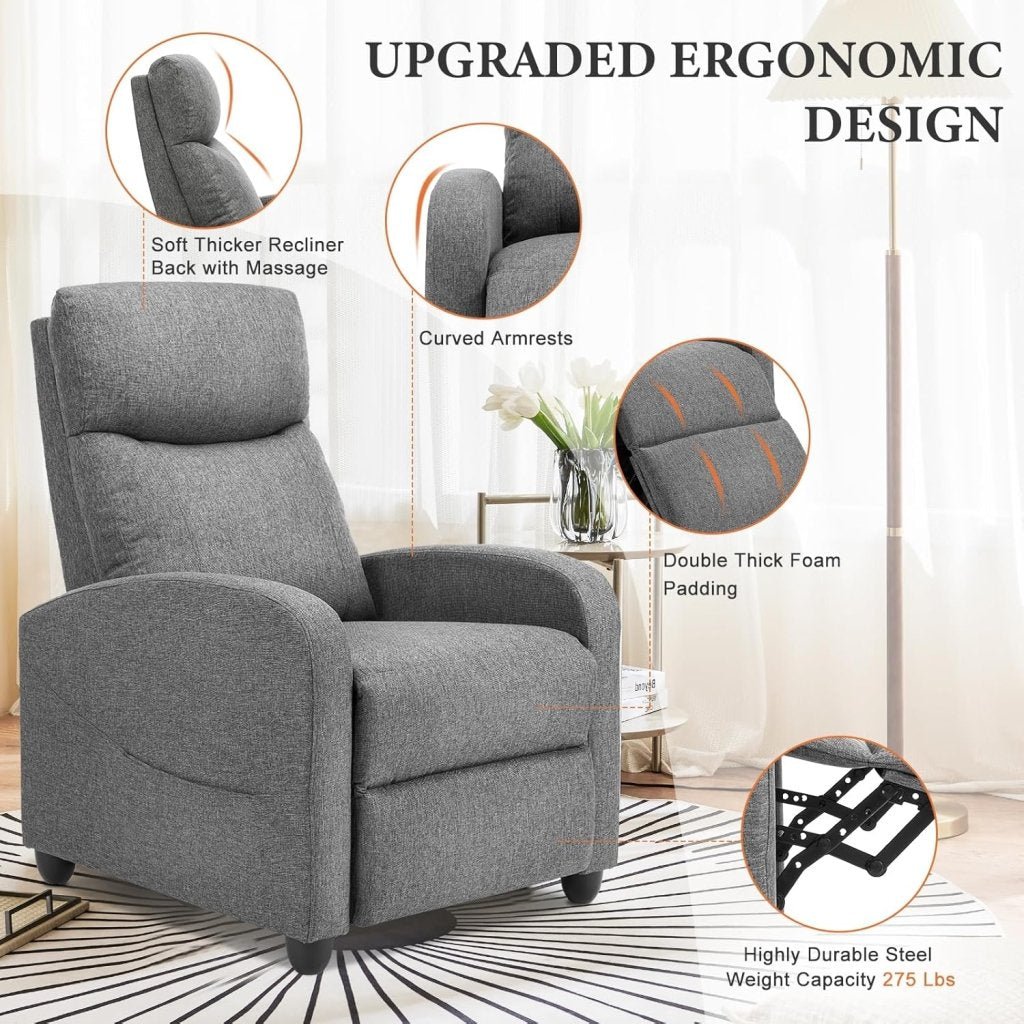 Sweetcrispy Massage Recliner Chair for Adults, Adjustable Home Theater Seating with Lumbar Support for Living Room, Modern Fabric Reclining, Light Grey - Wigtrends