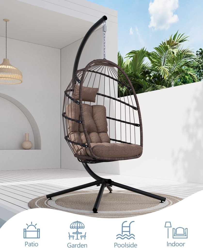 SWITTE Egg Chair Outdoor with Stand, Indoor Wicker Hanging Egg Swing Chair with Cushion, 350lbs Capacity for Patio, Bedroom - Wigtrends