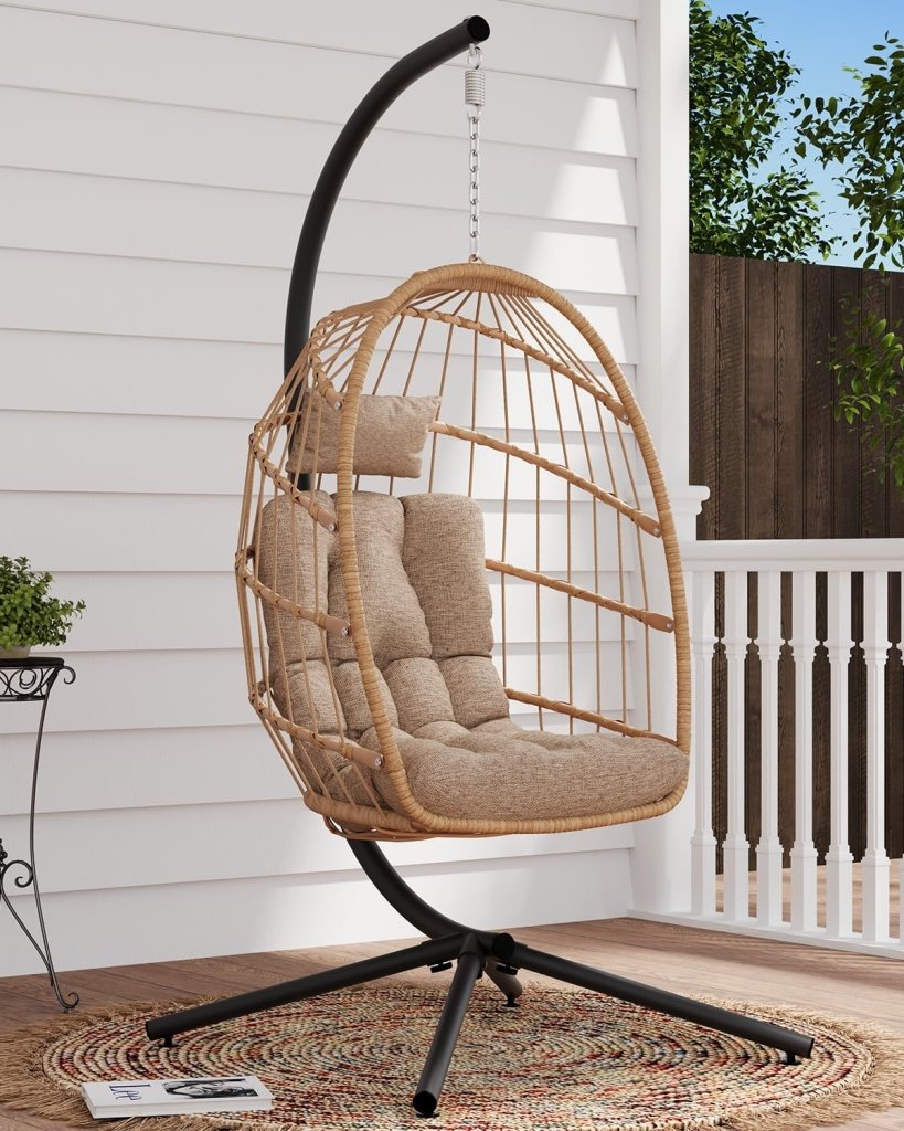 SWITTE Egg Chair Outdoor with Stand, Indoor Wicker Hanging Egg Swing Chair with Cushion, 350lbs Capacity for Patio, Bedroom - Wigtrends
