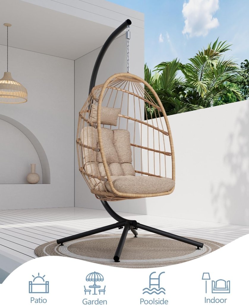 SWITTE Egg Chair Outdoor with Stand, Indoor Wicker Hanging Egg Swing Chair with Cushion, 350lbs Capacity for Patio, Bedroom - Wigtrends
