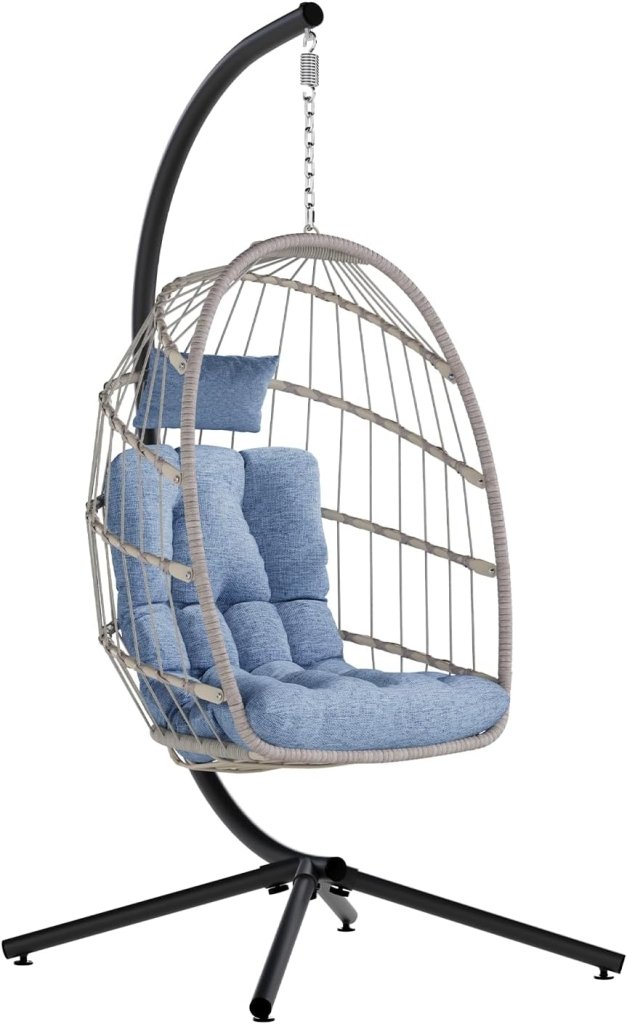 SWITTE Egg Chair Outdoor with Stand, Indoor Wicker Hanging Egg Swing Chair with Cushion, 350lbs Capacity for Patio, Bedroom - Wigtrends