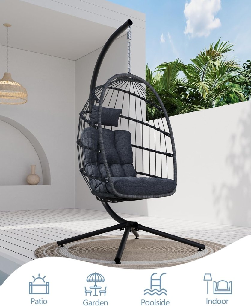 SWITTE Egg Chair Outdoor with Stand, Indoor Wicker Hanging Egg Swing Chair with Cushion, 350lbs Capacity for Patio, Bedroom - Wigtrends