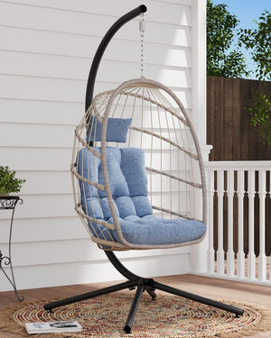 SWITTE Egg Chair Outdoor with Stand, Indoor Wicker Hanging Egg Swing Chair with Cushion, 350lbs Capacity for Patio, Bedroom - Wigtrends