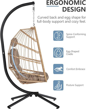 SWITTE Egg Chair Outdoor with Stand, Indoor Wicker Hanging Egg Swing Chair with Cushion, 350lbs Capacity for Patio, Bedroom - Wigtrends
