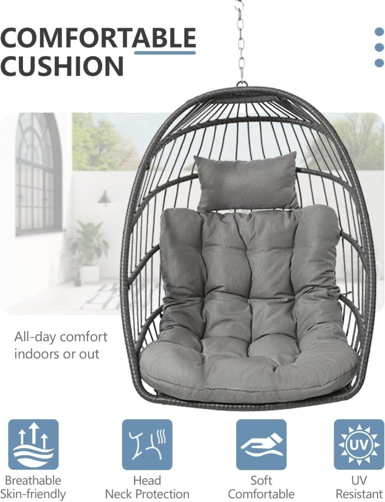 SWITTE Egg Chair Outdoor with Stand, Indoor Wicker Hanging Egg Swing Chair with Cushion, 350lbs Capacity for Patio, Bedroom - Wigtrends