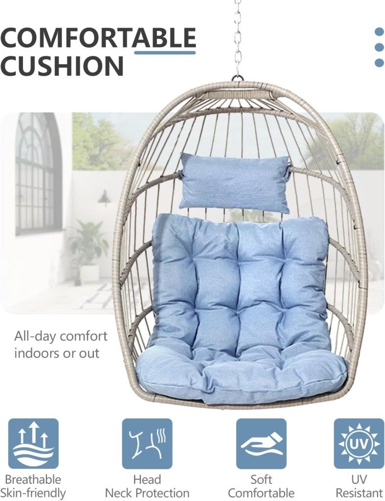 SWITTE Egg Chair Outdoor with Stand, Indoor Wicker Hanging Egg Swing Chair with Cushion, 350lbs Capacity for Patio, Bedroom - Wigtrends