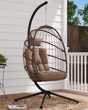 SWITTE Egg Chair Outdoor with Stand, Indoor Wicker Hanging Egg Swing Chair with Cushion, 350lbs Capacity for Patio, Bedroom - Wigtrends