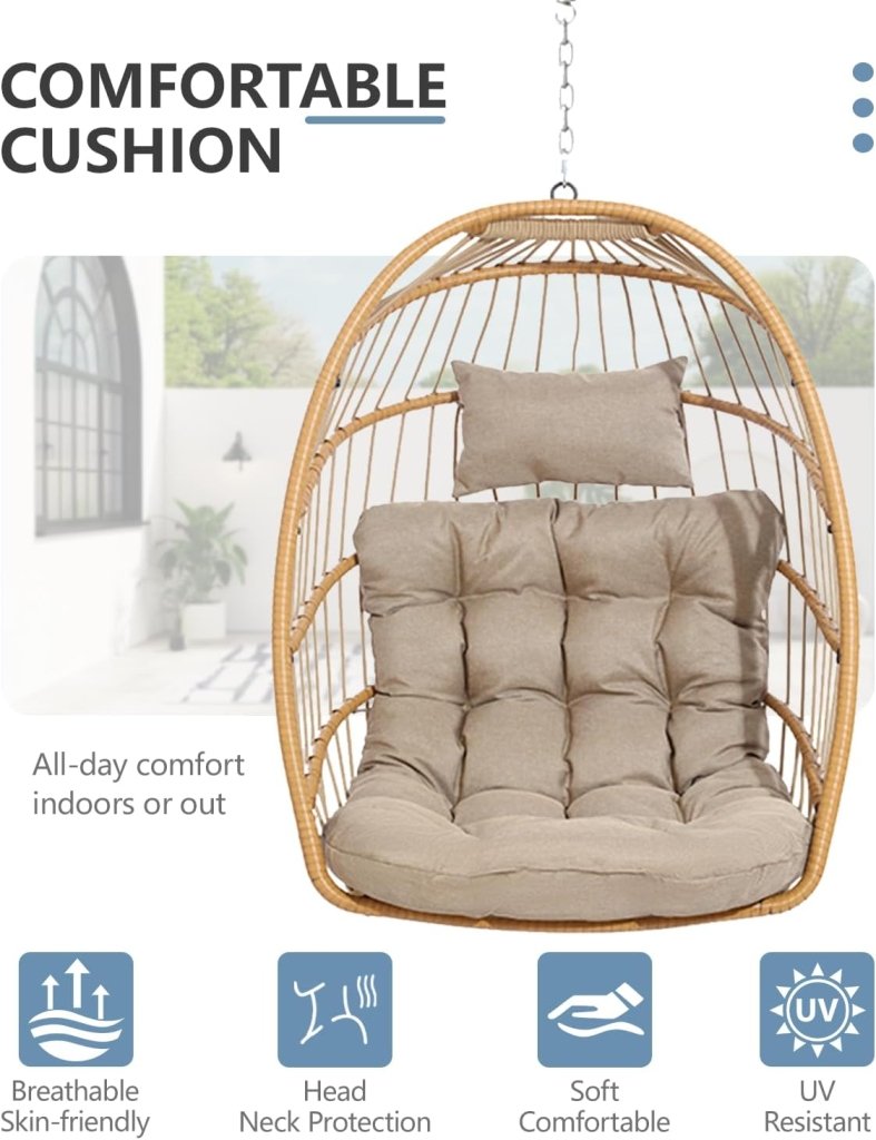 SWITTE Egg Chair Outdoor with Stand, Indoor Wicker Hanging Egg Swing Chair with Cushion, 350lbs Capacity for Patio, Bedroom - Wigtrends