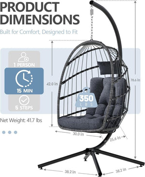 SWITTE Egg Chair Outdoor with Stand, Indoor Wicker Hanging Egg Swing Chair with Cushion, 350lbs Capacity for Patio, Bedroom - Wigtrends