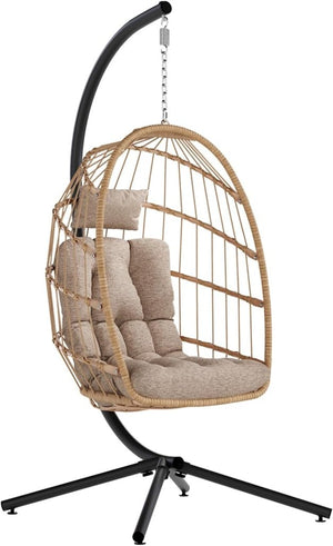 SWITTE Egg Chair Outdoor with Stand, Indoor Wicker Hanging Egg Swing Chair with Cushion, 350lbs Capacity for Patio, Bedroom - Wigtrends