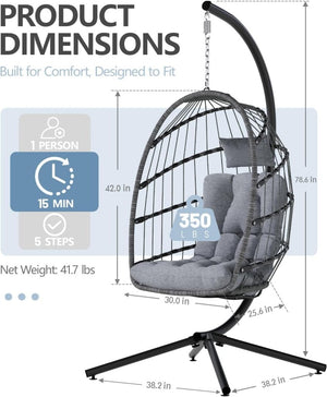 SWITTE Egg Chair Outdoor with Stand, Indoor Wicker Hanging Egg Swing Chair with Cushion, 350lbs Capacity for Patio, Bedroom - Wigtrends