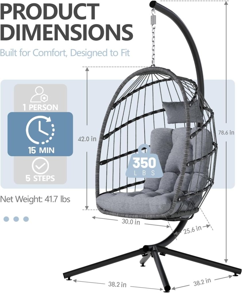 SWITTE Egg Chair Outdoor with Stand, Indoor Wicker Hanging Egg Swing Chair with Cushion, 350lbs Capacity for Patio, Bedroom - Wigtrends