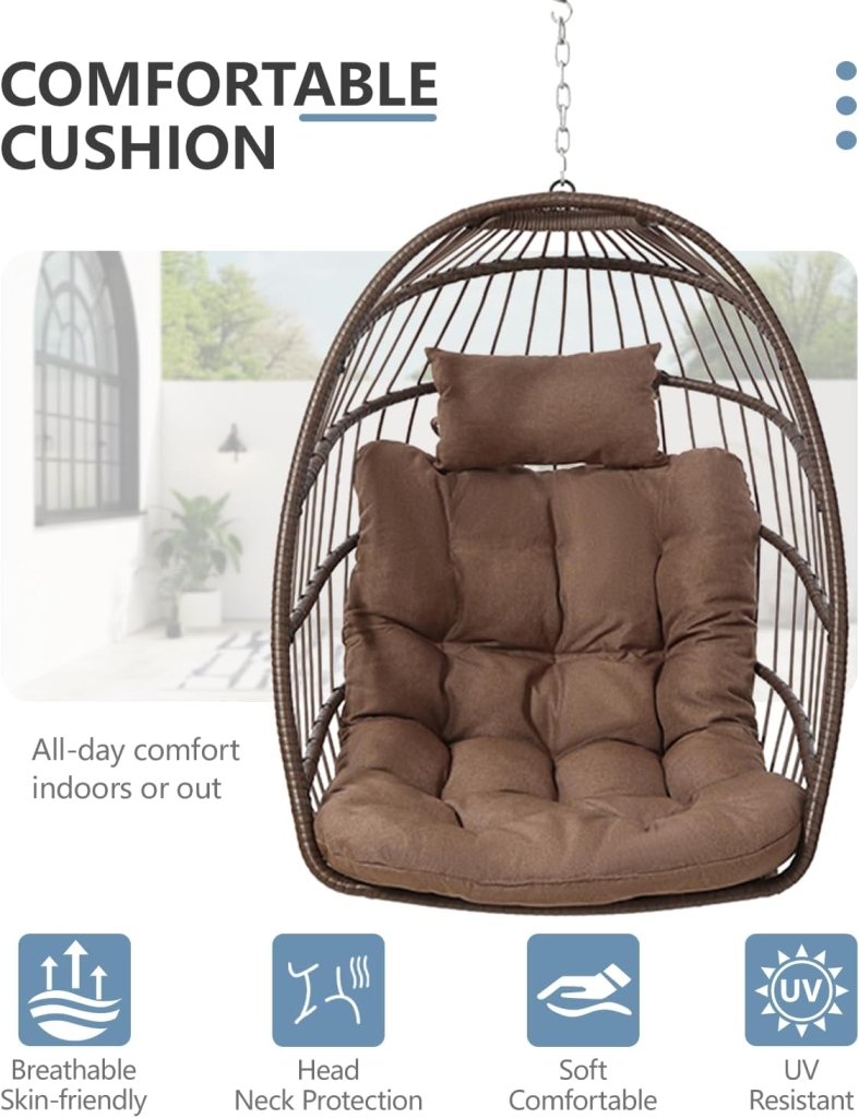 SWITTE Egg Chair Outdoor with Stand, Indoor Wicker Hanging Egg Swing Chair with Cushion, 350lbs Capacity for Patio, Bedroom - Wigtrends