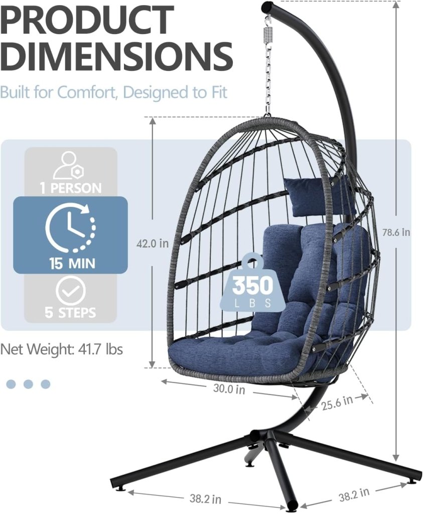 SWITTE Egg Chair Outdoor with Stand, Indoor Wicker Hanging Egg Swing Chair with Cushion, 350lbs Capacity for Patio, Bedroom - Wigtrends