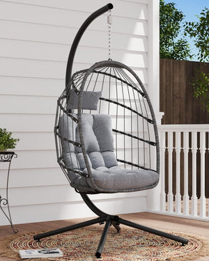 SWITTE Egg Chair Outdoor with Stand, Indoor Wicker Hanging Egg Swing Chair with Cushion, 350lbs Capacity for Patio, Bedroom - Wigtrends