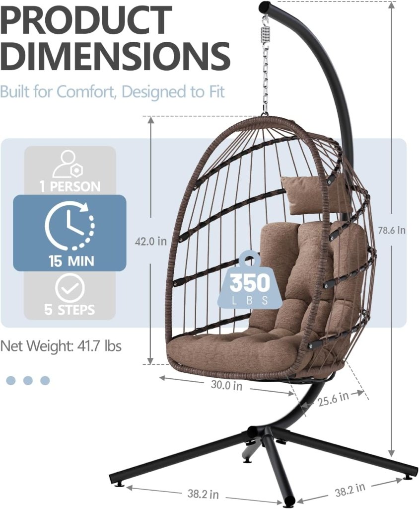 SWITTE Egg Chair Outdoor with Stand, Indoor Wicker Hanging Egg Swing Chair with Cushion, 350lbs Capacity for Patio, Bedroom - Wigtrends