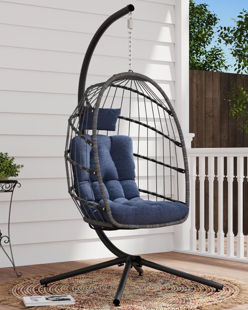SWITTE Egg Chair Outdoor with Stand, Indoor Wicker Hanging Egg Swing Chair with Cushion, 350lbs Capacity for Patio, Bedroom - Wigtrends