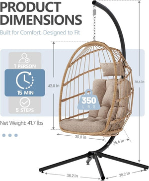 SWITTE Egg Chair Outdoor with Stand, Indoor Wicker Hanging Egg Swing Chair with Cushion, 350lbs Capacity for Patio, Bedroom - Wigtrends