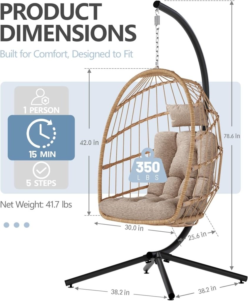 SWITTE Egg Chair Outdoor with Stand, Indoor Wicker Hanging Egg Swing Chair with Cushion, 350lbs Capacity for Patio, Bedroom - Wigtrends