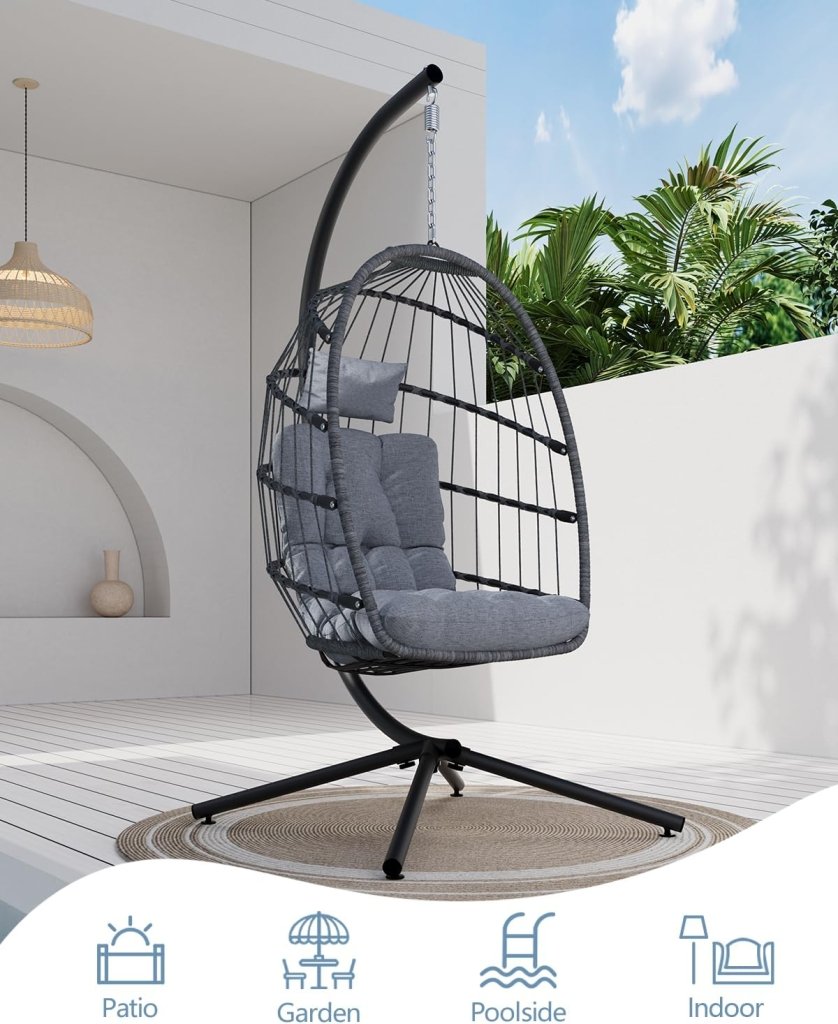 SWITTE Egg Chair Outdoor with Stand, Indoor Wicker Hanging Egg Swing Chair with Cushion, 350lbs Capacity for Patio, Bedroom - Wigtrends
