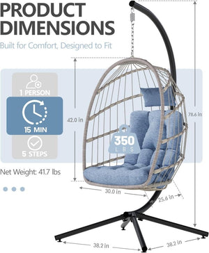 SWITTE Egg Chair Outdoor with Stand, Indoor Wicker Hanging Egg Swing Chair with Cushion, 350lbs Capacity for Patio, Bedroom - Wigtrends