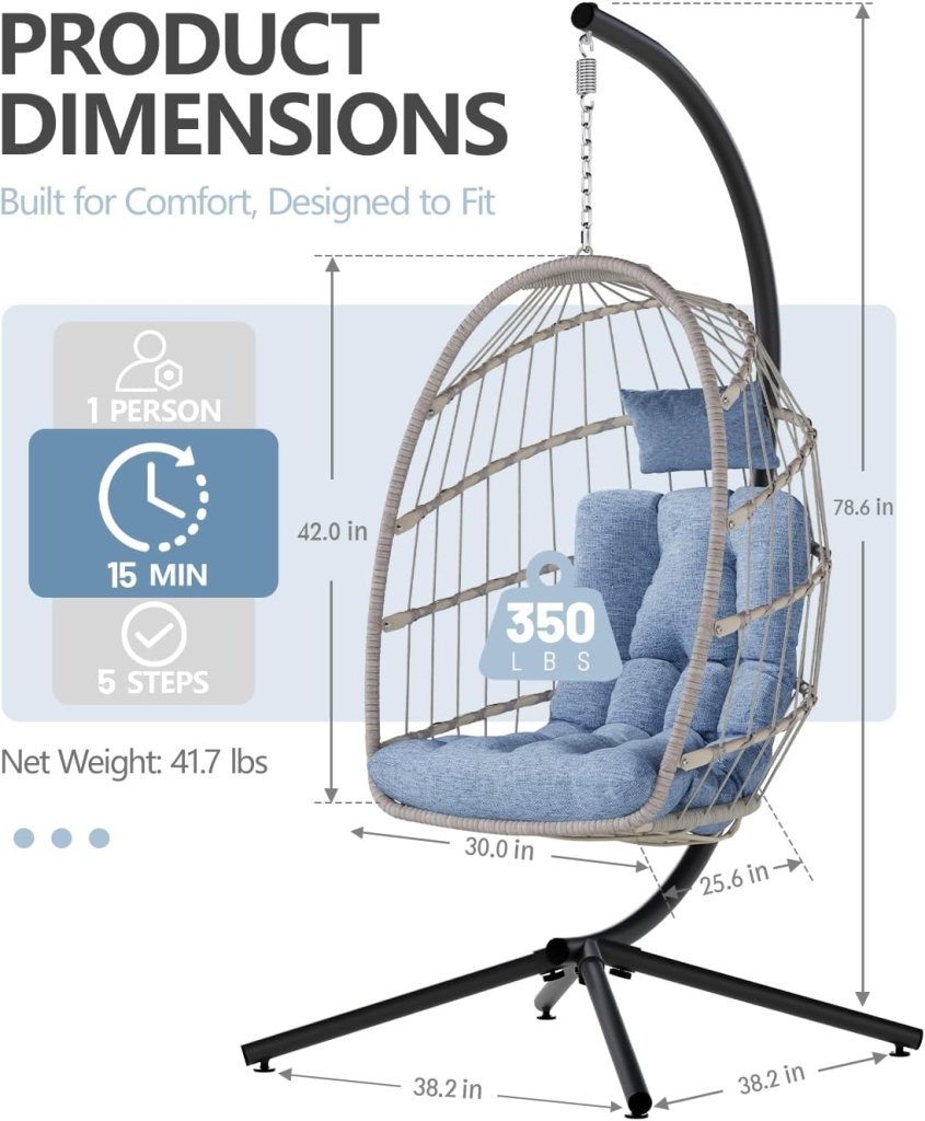 SWITTE Egg Chair Outdoor with Stand, Indoor Wicker Hanging Egg Swing Chair with Cushion, 350lbs Capacity for Patio, Bedroom - Wigtrends