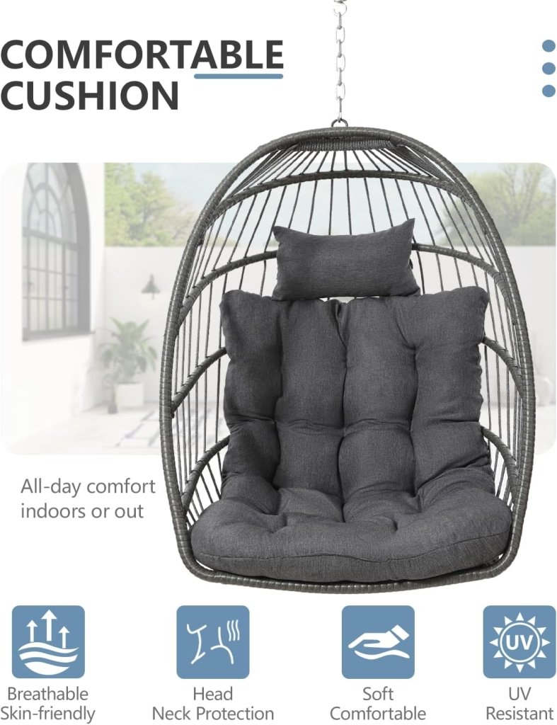 SWITTE Egg Chair Outdoor with Stand, Indoor Wicker Hanging Egg Swing Chair with Cushion, 350lbs Capacity for Patio, Bedroom - Wigtrends