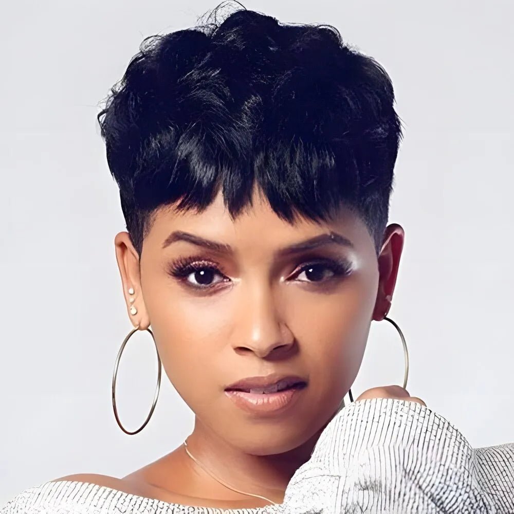 Synthetic Short Pixie Cut Wigs for Black/White Women Wavy Hair Wig with Bangs - Wigtrends