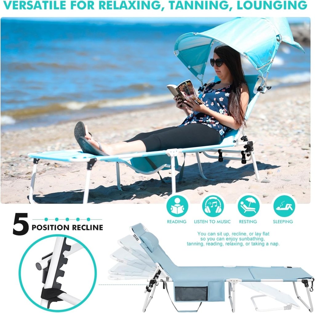 Tanning Chair with Sun Canopy Face Hole, Heavy Duty Folding Chaise Lounge Chair 5 Position Reclining for Adults Outside Reading Sunbathing Poolside Camping Beach, UPF 50+ Sun Shade, 300 LBS - Wigtrends