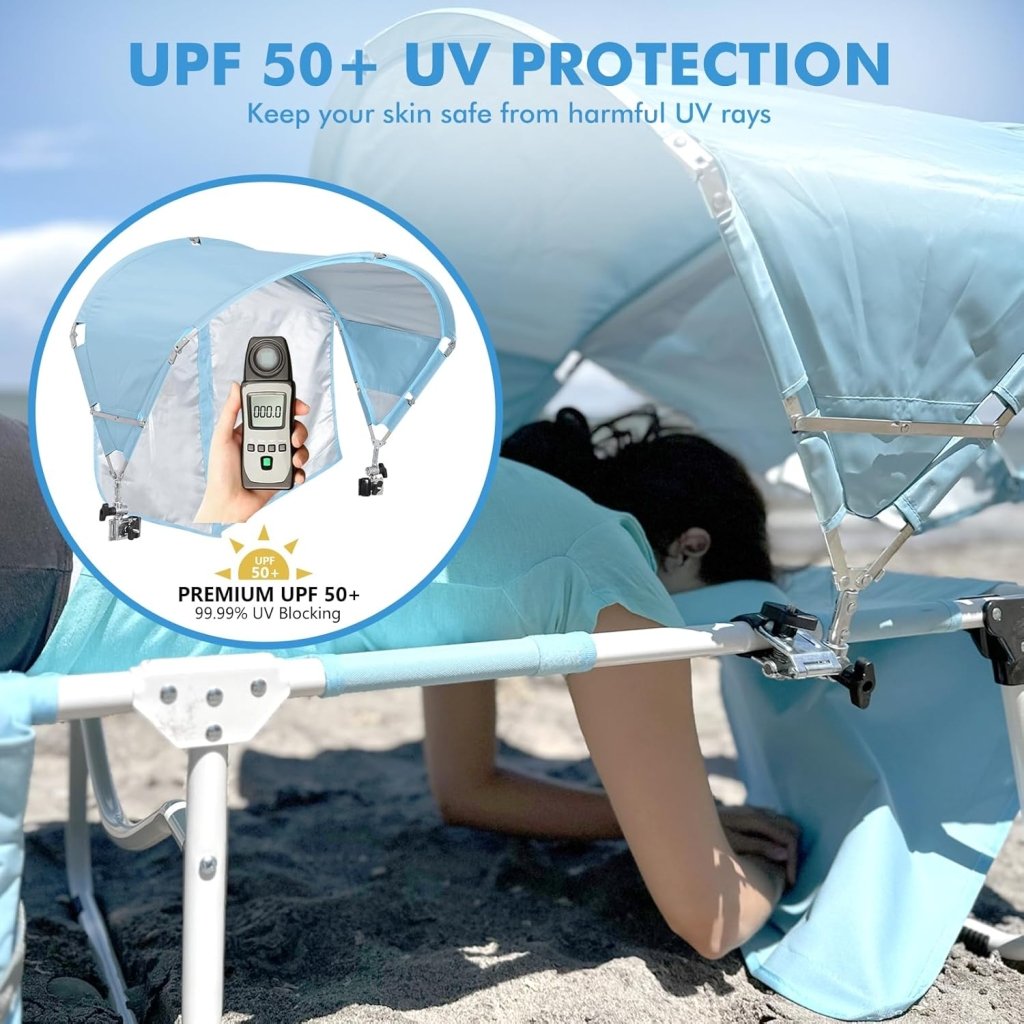 Tanning Chair with Sun Canopy Face Hole, Heavy Duty Folding Chaise Lounge Chair 5 Position Reclining for Adults Outside Reading Sunbathing Poolside Camping Beach, UPF 50+ Sun Shade, 300 LBS - Wigtrends