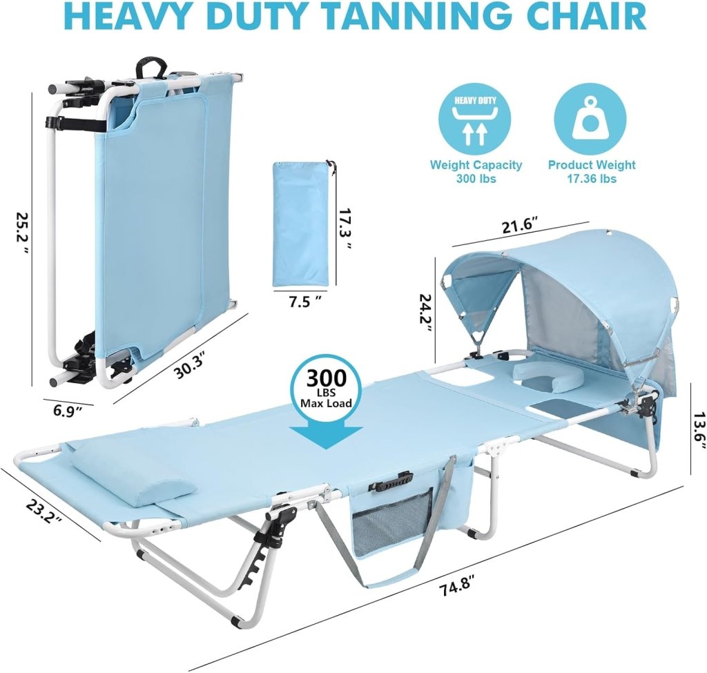 Tanning Chair with Sun Canopy Face Hole, Heavy Duty Folding Chaise Lounge Chair 5 Position Reclining for Adults Outside Reading Sunbathing Poolside Camping Beach, UPF 50+ Sun Shade, 300 LBS - Wigtrends
