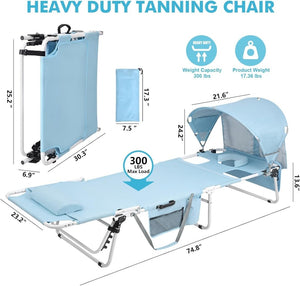 Tanning Chair with Sun Canopy Face Hole, Heavy Duty Folding Chaise Lounge Chair 5 Position Reclining for Adults Outside Reading Sunbathing Poolside Camping Beach, UPF 50+ Sun Shade, 300 LBS - Wigtrends