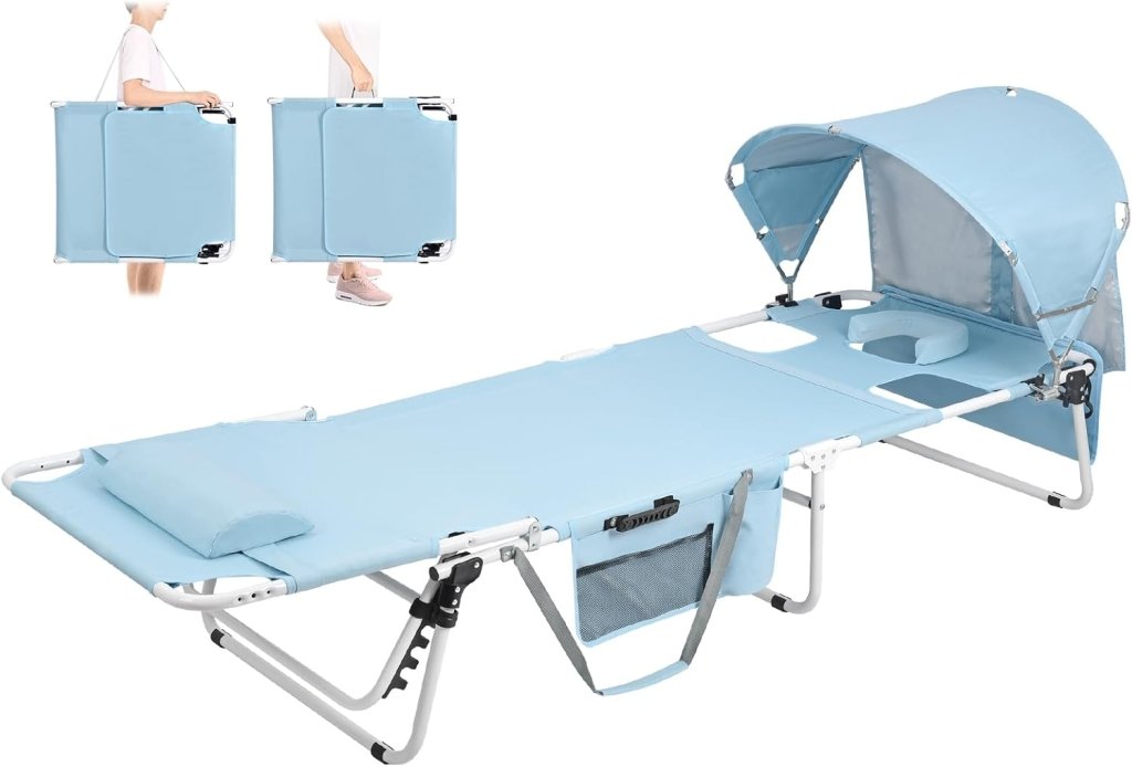 Tanning Chair with Sun Canopy Face Hole, Heavy Duty Folding Chaise Lounge Chair 5 Position Reclining for Adults Outside Reading Sunbathing Poolside Camping Beach, UPF 50+ Sun Shade, 300 LBS - Wigtrends