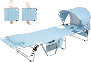 Tanning Chair with Sun Canopy Face Hole, Heavy Duty Folding Chaise Lounge Chair 5 Position Reclining for Adults Outside Reading Sunbathing Poolside Camping Beach, UPF 50+ Sun Shade, 300 LBS - Wigtrends