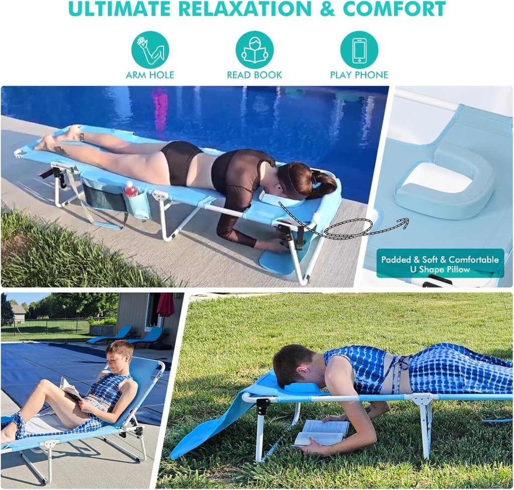 Tanning Chair with Sun Canopy Face Hole, Heavy Duty Folding Chaise Lounge Chair 5 Position Reclining for Adults Outside Reading Sunbathing Poolside Camping Beach, UPF 50+ Sun Shade, 300 LBS - Wigtrends