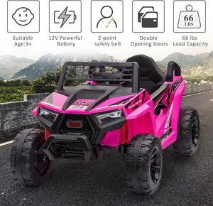 TOBBI 12V Kids Ride on Car, Electric Off - Road UTV Truck with Diverse Functions, Double Open Doors, Safety Belt, Horn, Music, and Lights for Kids Aged 3 - 5 Years (Rose Red) - Wigtrends