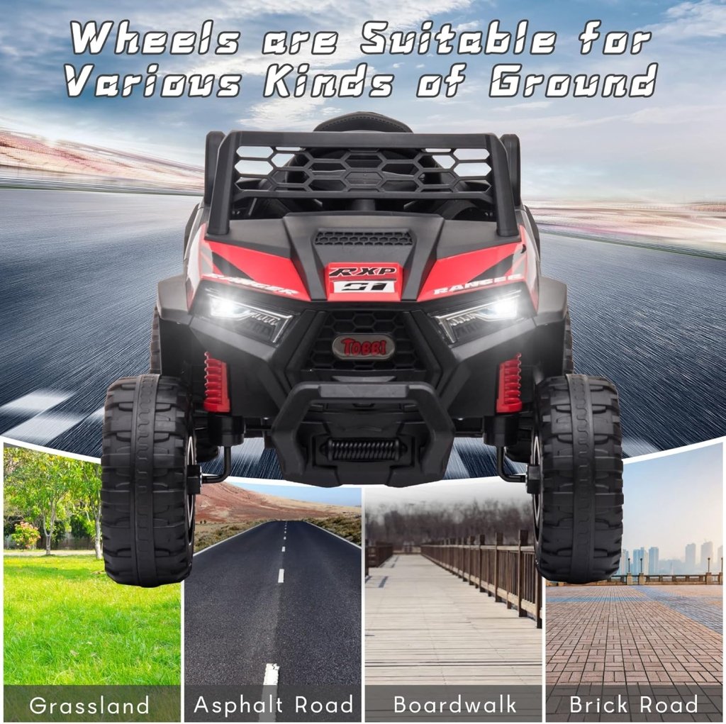 TOBBI 12V Kids Ride on Car, Electric Off - Road UTV Truck with Diverse Functions, Double Open Doors, Safety Belt, Horn, Music, and Lights for Kids Aged 3 - 5 Years (Rose Red) - Wigtrends