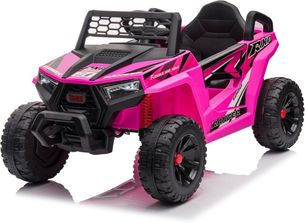 TOBBI 12V Kids Ride on Car, Electric Off - Road UTV Truck with Diverse Functions, Double Open Doors, Safety Belt, Horn, Music, and Lights for Kids Aged 3 - 5 Years (Rose Red) - Wigtrends