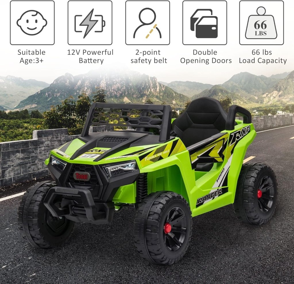 TOBBI 12V Kids Ride on Car, Electric Off - Road UTV Truck with Diverse Functions, Double Open Doors, Safety Belt, Horn, Music, and Lights for Kids Aged 3 - 5 Years (Rose Red) - Wigtrends