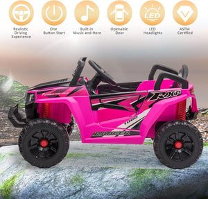 TOBBI 12V Kids Ride on Car, Electric Off - Road UTV Truck with Diverse Functions, Double Open Doors, Safety Belt, Horn, Music, and Lights for Kids Aged 3 - 5 Years (Rose Red) - Wigtrends