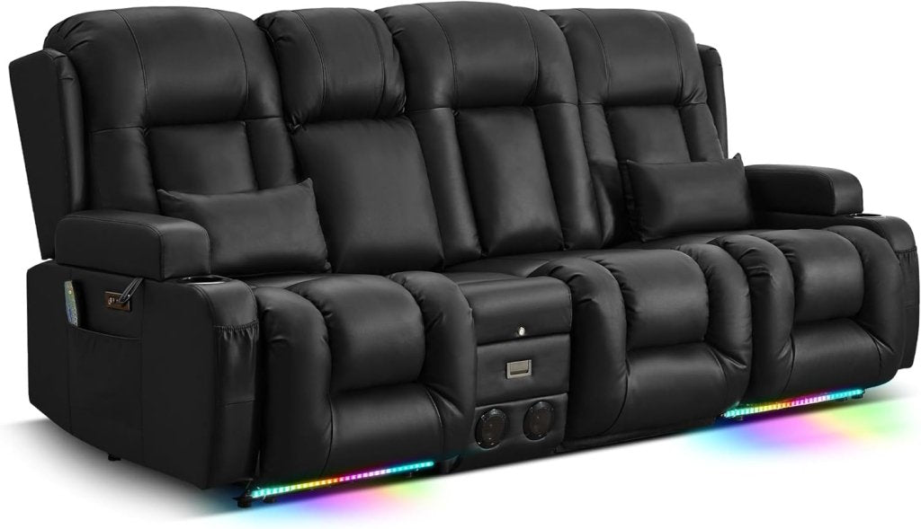 TUNYI Power Loveseat Recliner Sofa with Massage & Heat Home Theater Seating with Console Electric Recliner RV Sofa with USB/Outlet/Storage/Side Pocket/LED Light/Speaker (Brown, Loveseat) - Wigtrends