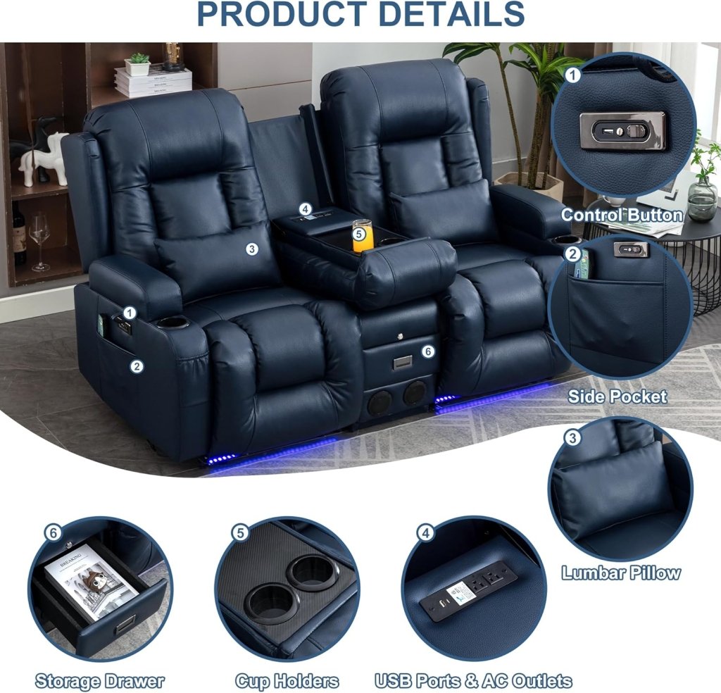 TUNYI Power Loveseat Recliner Sofa with Massage & Heat Home Theater Seating with Console Electric Recliner RV Sofa with USB/Outlet/Storage/Side Pocket/LED Light/Speaker (Brown, Loveseat) - Wigtrends