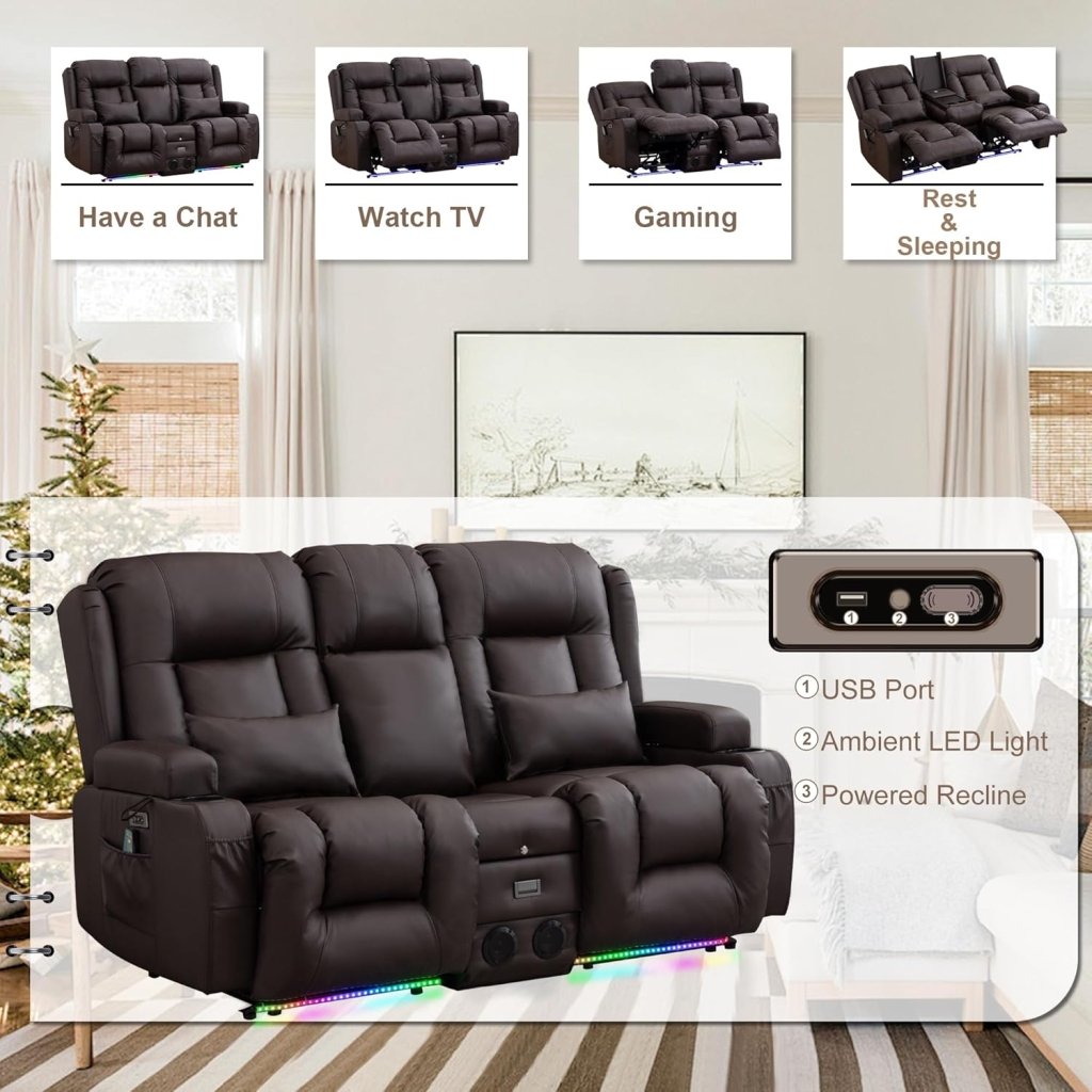 TUNYI Power Loveseat Recliner Sofa with Massage & Heat Home Theater Seating with Console Electric Recliner RV Sofa with USB/Outlet/Storage/Side Pocket/LED Light/Speaker (Brown, Loveseat) - Wigtrends