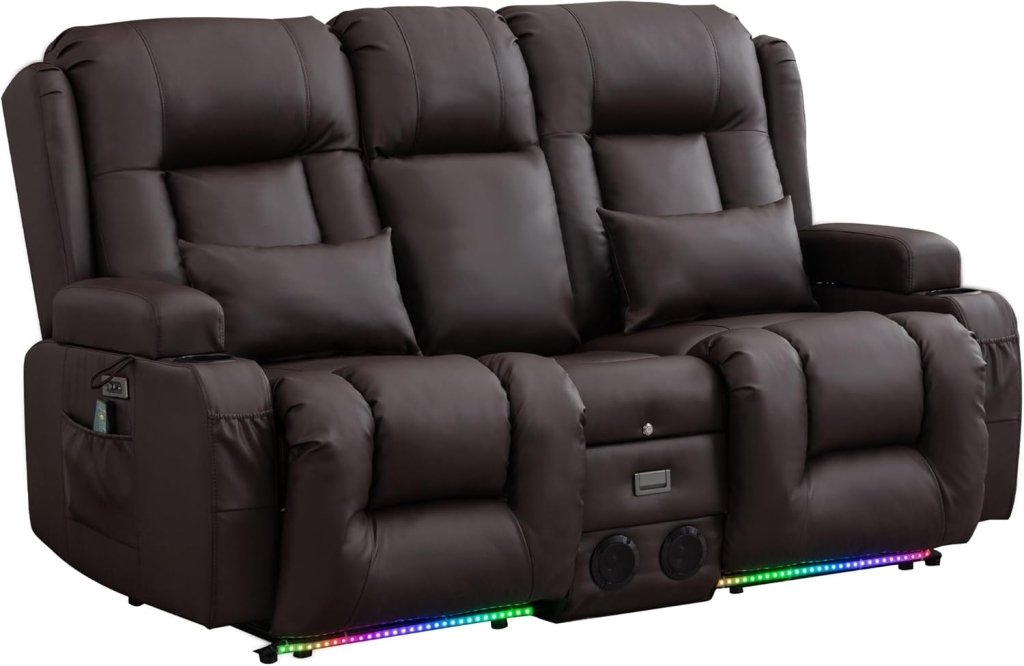 TUNYI Power Loveseat Recliner Sofa with Massage & Heat Home Theater Seating with Console Electric Recliner RV Sofa with USB/Outlet/Storage/Side Pocket/LED Light/Speaker (Brown, Loveseat) - Wigtrends