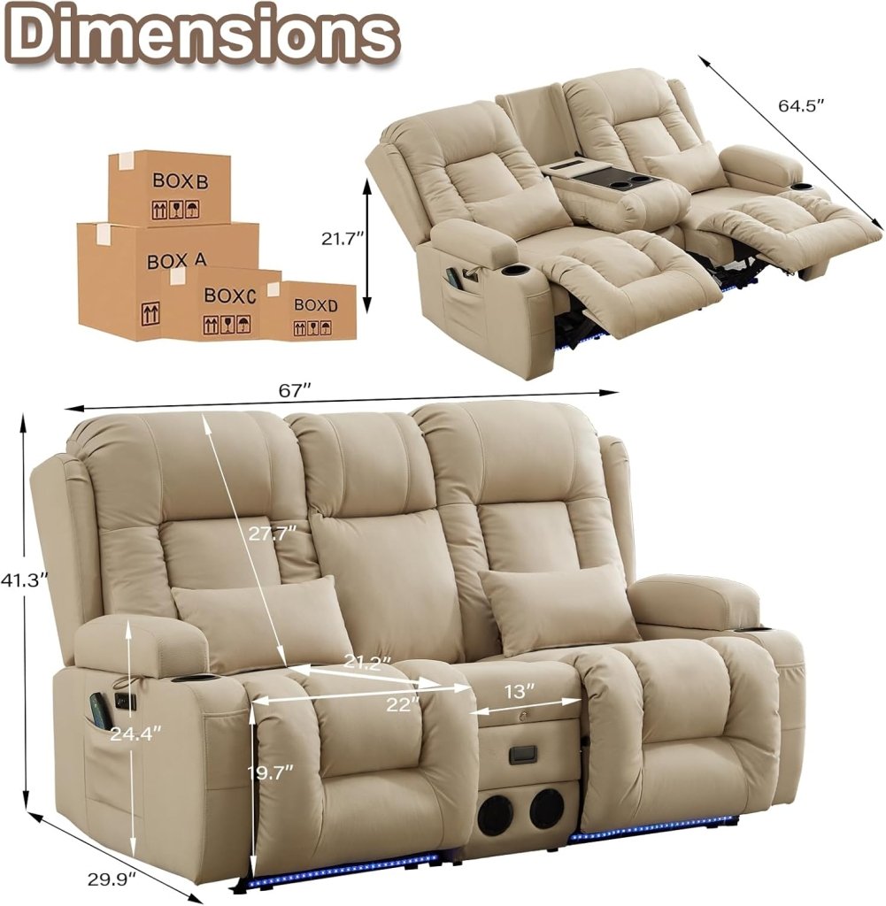TUNYI Power Loveseat Recliner Sofa with Massage & Heat Home Theater Seating with Console Electric Recliner RV Sofa with USB/Outlet/Storage/Side Pocket/LED Light/Speaker (Brown, Loveseat) - Wigtrends