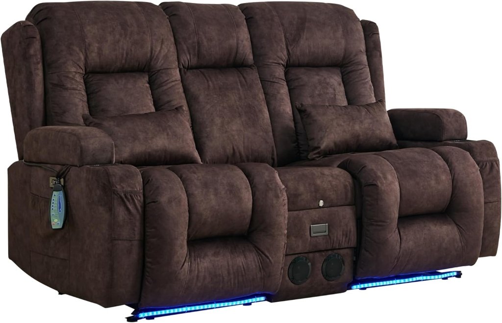 TUNYI Power Loveseat Recliner Sofa with Massage & Heat Home Theater Seating with Console Electric Recliner RV Sofa with USB/Outlet/Storage/Side Pocket/LED Light/Speaker (Brown, Loveseat) - Wigtrends