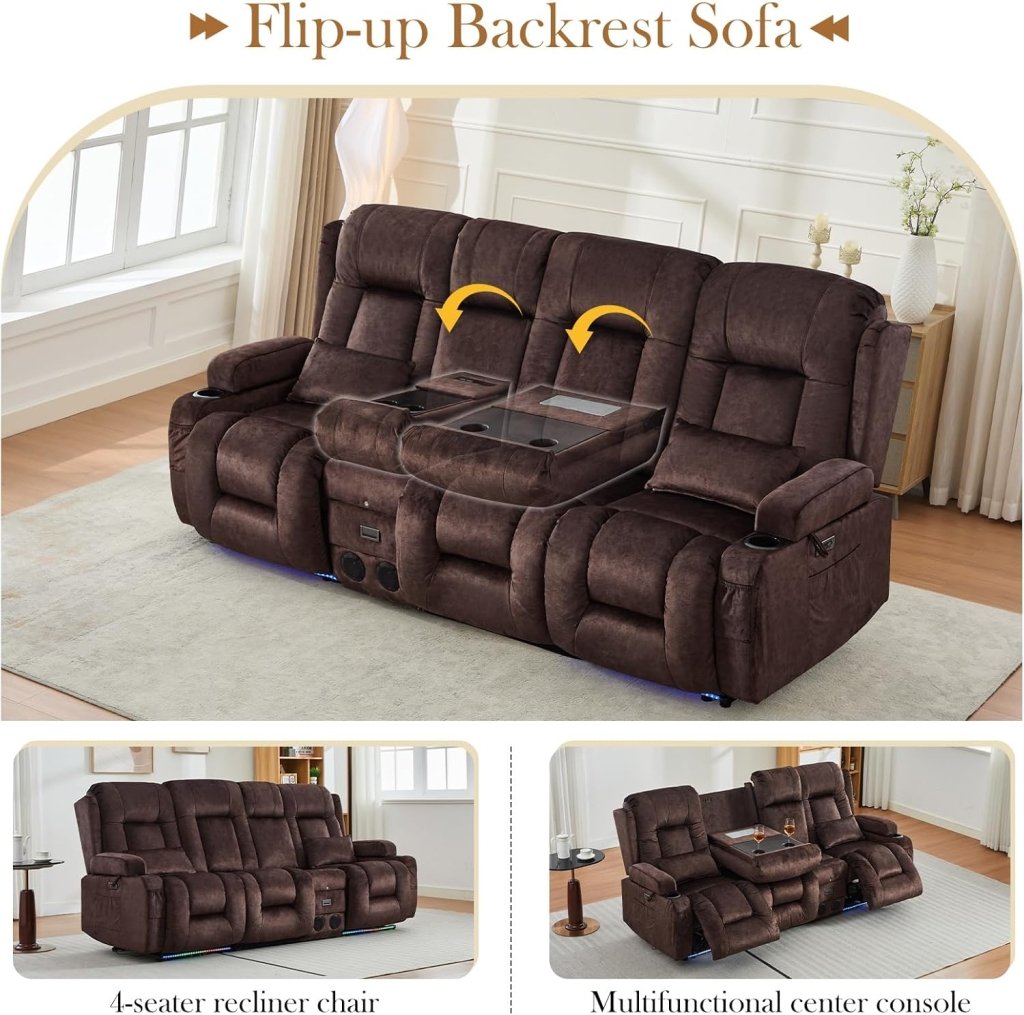 TUNYI Power Loveseat Recliner Sofa with Massage & Heat Home Theater Seating with Console Electric Recliner RV Sofa with USB/Outlet/Storage/Side Pocket/LED Light/Speaker (Brown, Loveseat) - Wigtrends